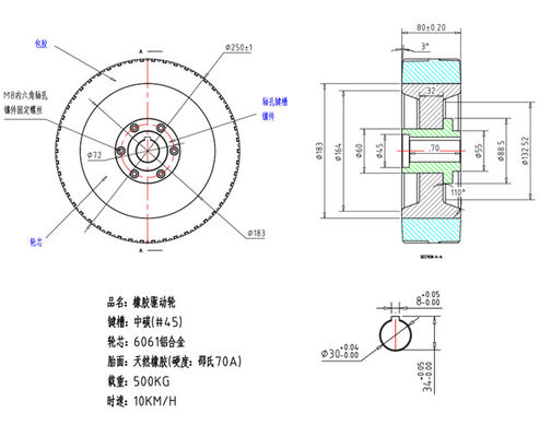 10 inch heavy-duty robot tire keyway aluminum core wheel hub AGV drive wheel rubber tread coating 250 * 80mm