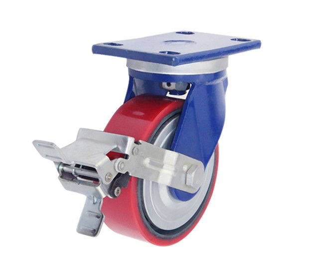 6-inch heavy-duty 500kg flat top wheel brake iron core polyurethane red industrial casters 7626-86T